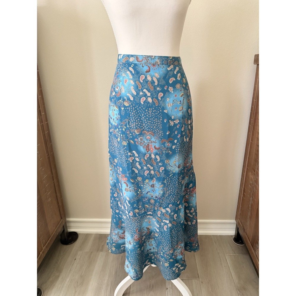 Sag Harbor Blue Satin Paisley Floral Midi Skirt Bias‎ Cut Slip Skirt M Boho Y2K